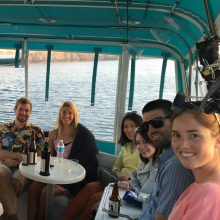 Lab Boat Party aboard Dr. Clegg's vessel, The Faculty Meeting II. (2016) From Left: Katharine McLean, Dr. Jeff Bailey, Dr. Britney Pennington, Justin LaForge, Kelsy Siegel, Dr. Mei Jiang, Dr. Tracy Clevenger, John Macy, and Leah Foltz.