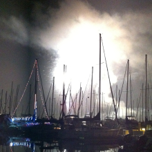 Fourth of July Fireworks at the SB Harbor from onboard The Faculty Meeting II. Photo Credit: Dennis Clegg