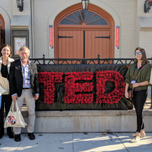 TEDx Santa Barbara to see Grad Student Leah Foltz present. (L-R) Dr. Mei Jiang, Marta Stevanovic, Dr. Dennis Clegg, Katharine McLean, Vignesh Nadar.